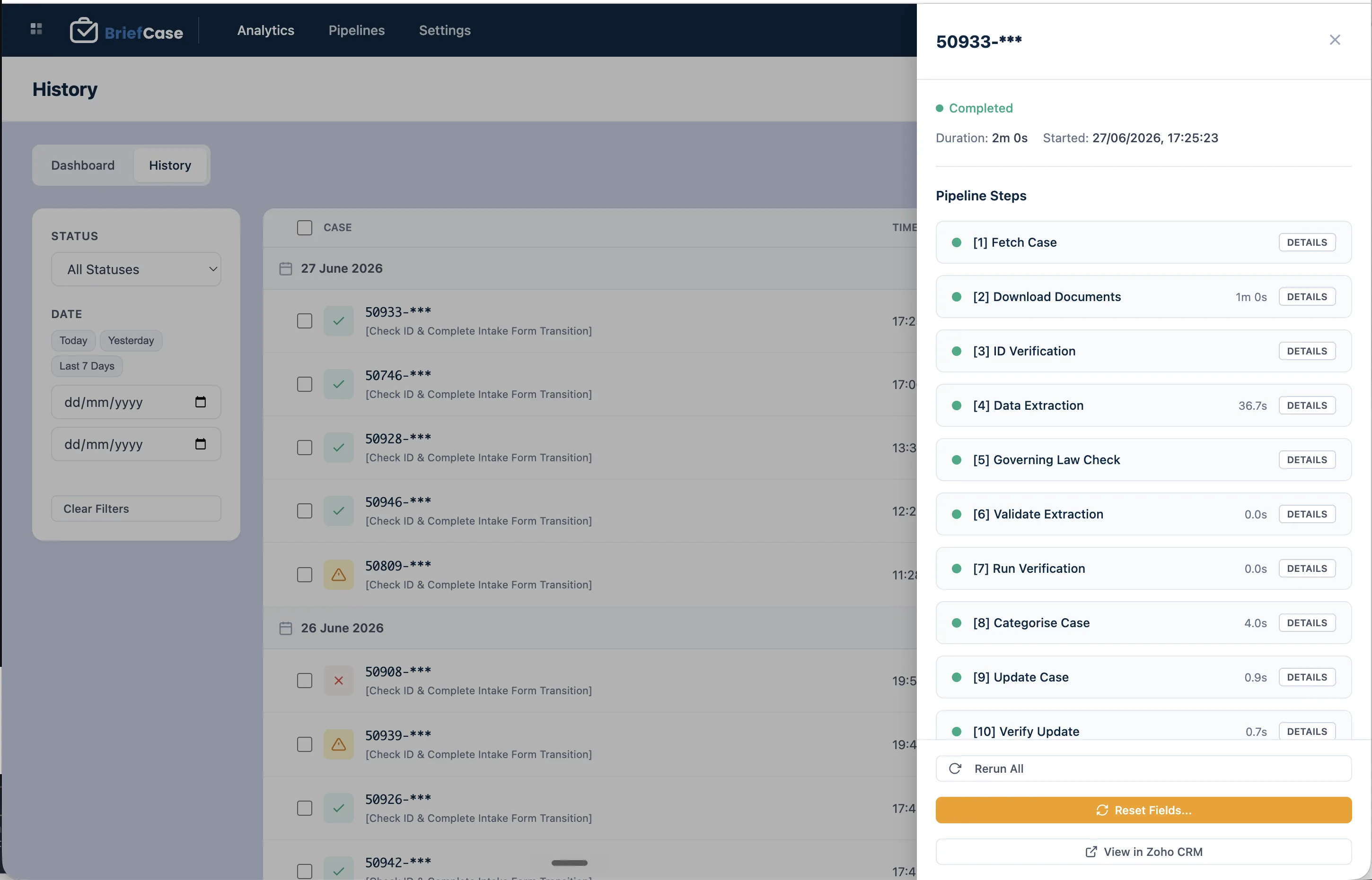 BriefCase case view showing the AI pipeline steps for a matter